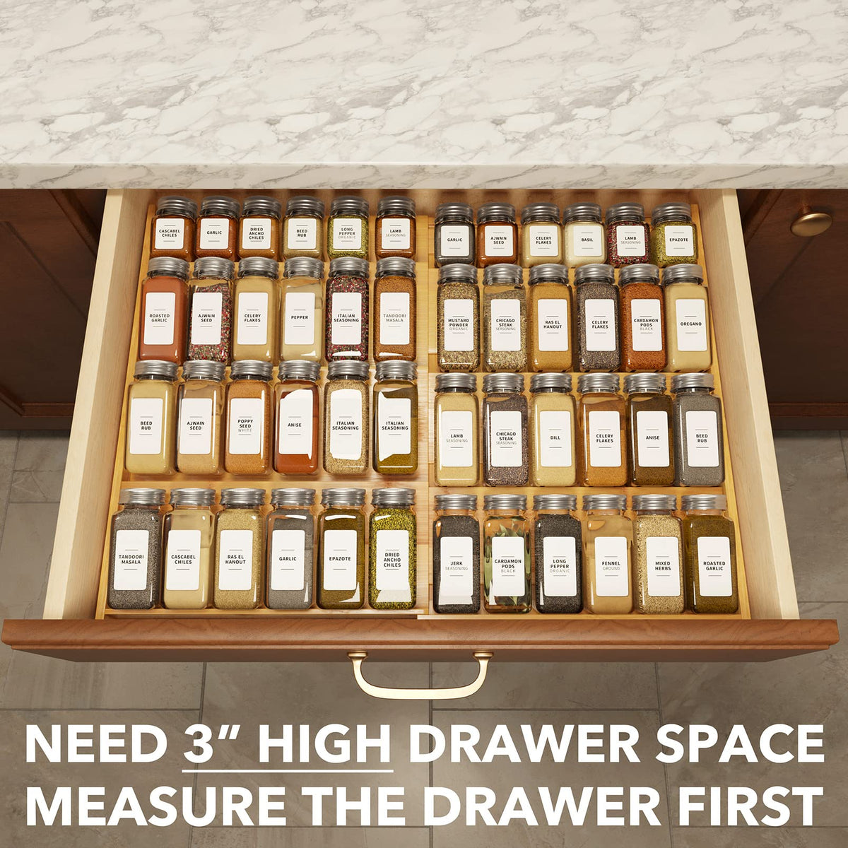 SpaceAid bamboo spice drawer organizer front view shows compact storage.