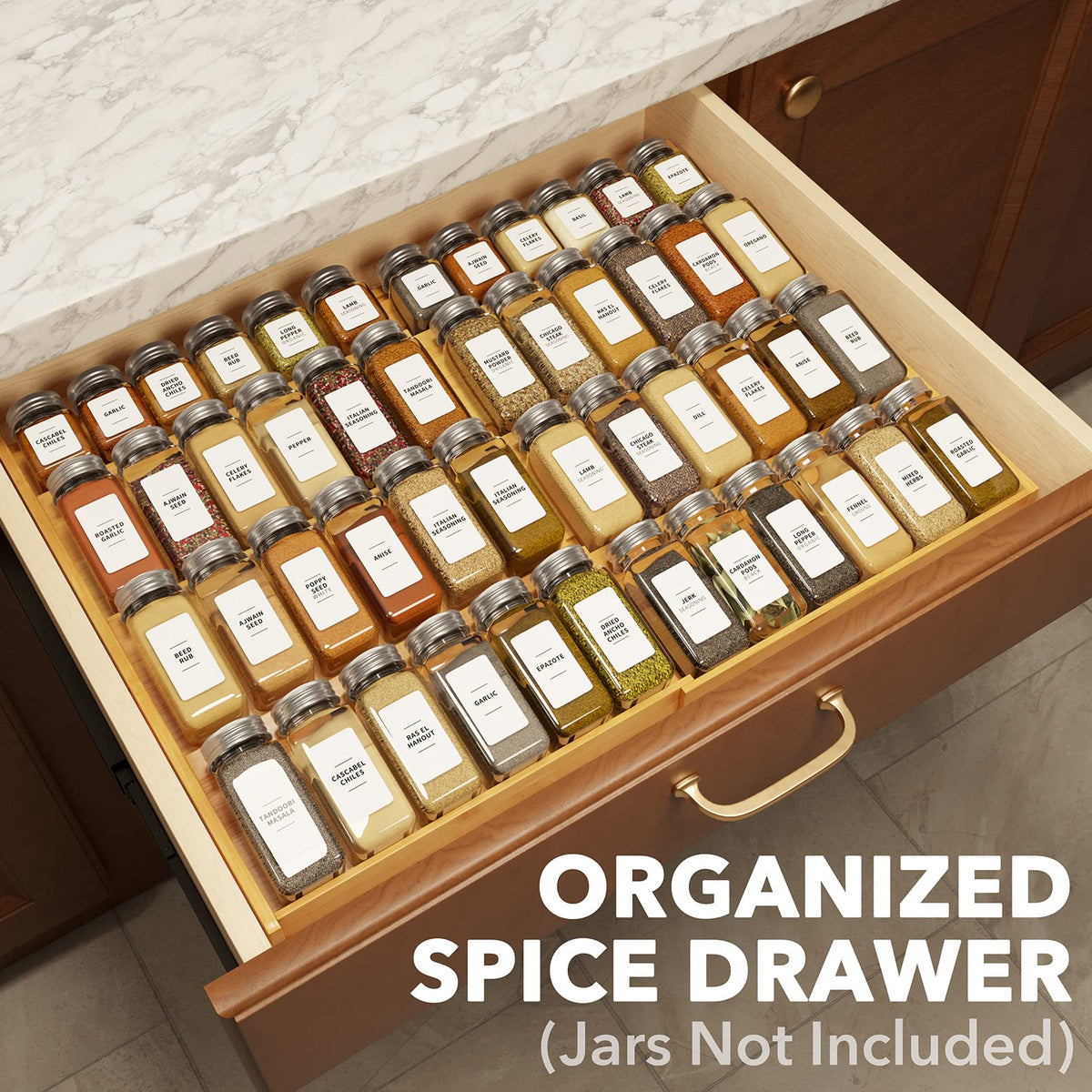 SpaceAid bamboo spice rack extended to 23 inches for large drawers.