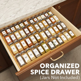 SpaceAid bamboo spice rack extended to 23 inches for large drawers.