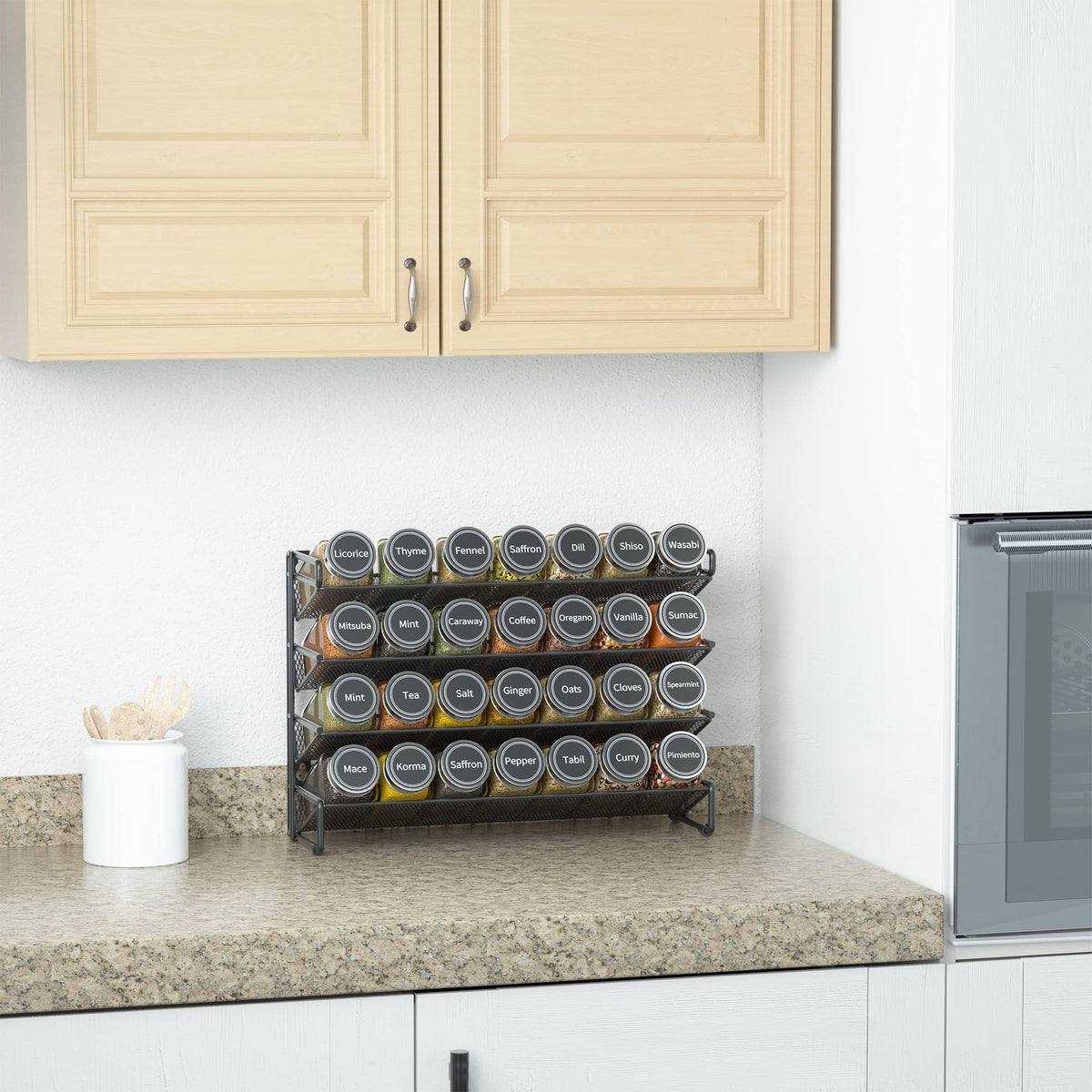 SpaceAid 28 glass spice jars with airtight caps keep flavors fresher longer.