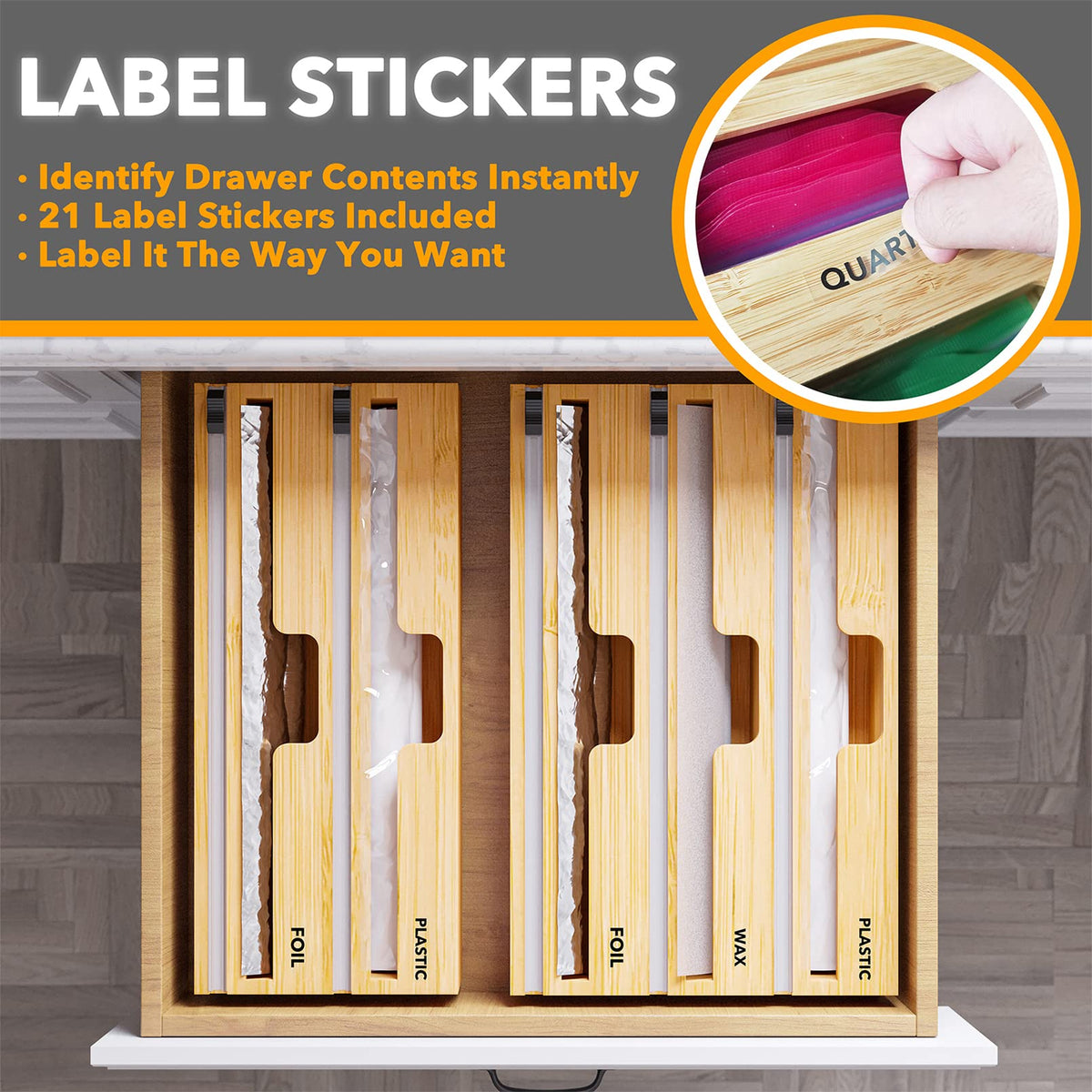 SpaceAid WrapNeat includes 21 label stickers for quick contents ID.