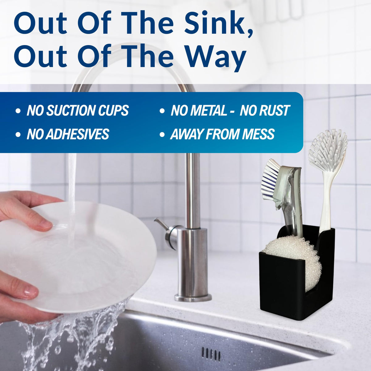 Spacewiser TidyNook dual-compartment layout offers stable sponge and brush storage