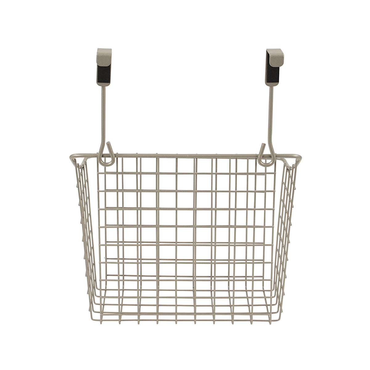 Spectrum satin nickel kitchen storage basket filled with cleaning supplies