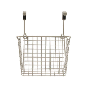 Spectrum satin nickel kitchen storage basket filled with cleaning supplies