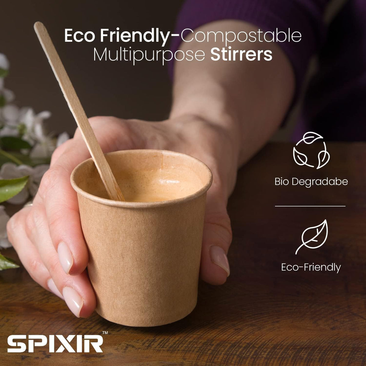 Spixir birchwood stir sticks, disposable and natural, ideal for cafes and offices.