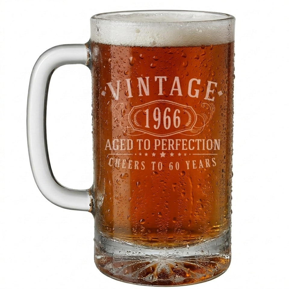 Spotted Dog Vintage 1966 etched mug with 16oz capacity for a classic toast.
