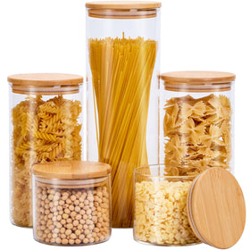 Spreccio glass storage jars with lids show a tidy pantry and freshness