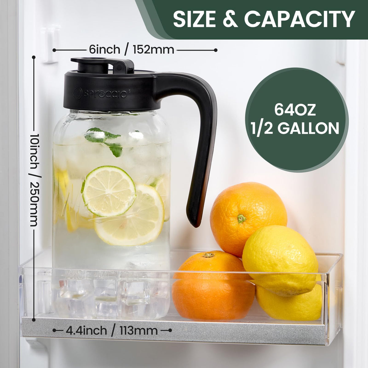 Spreccio Mason Jar Pitcher 64oz capacity with cap for easy storage