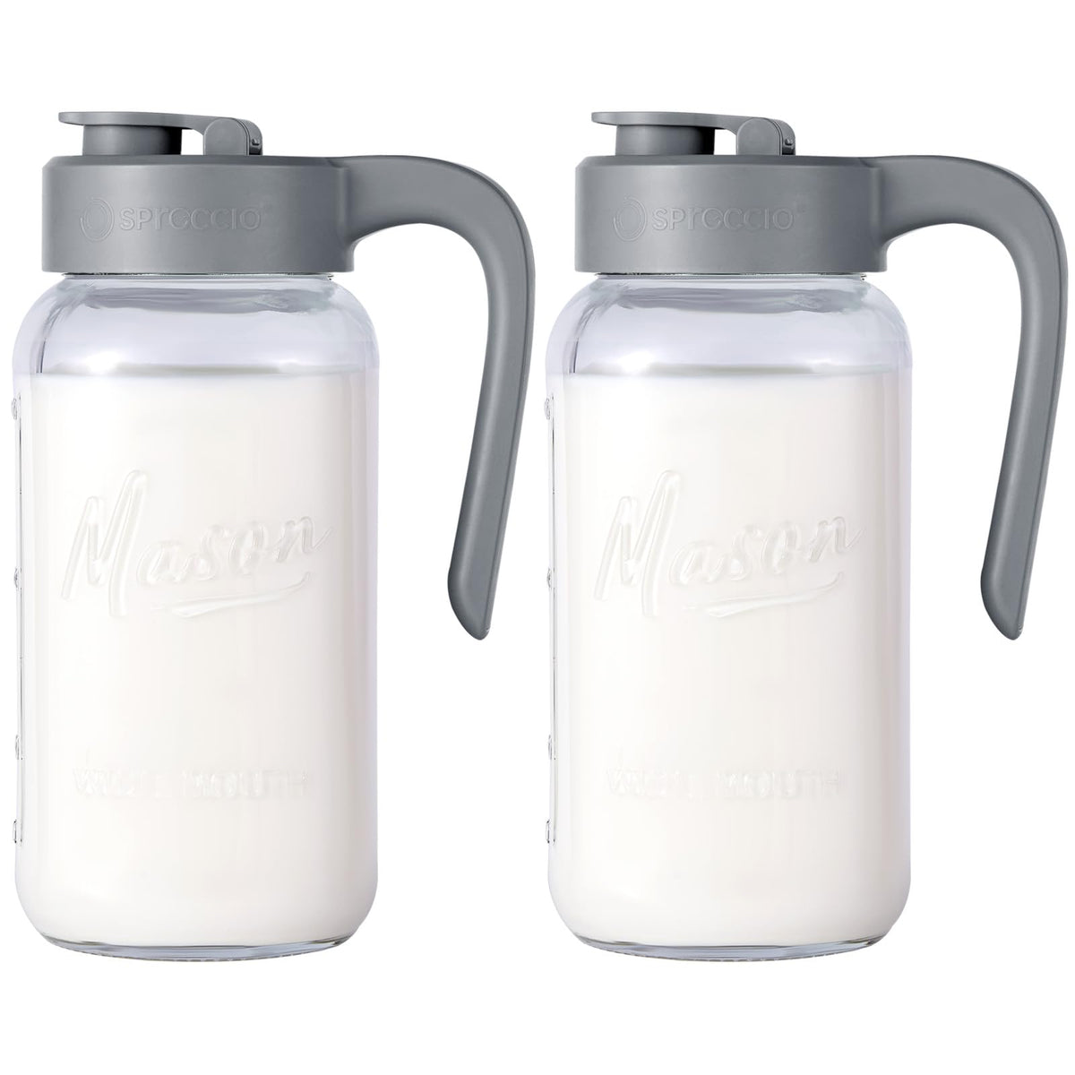 Spreccio Mason Jar Pitcher with pour spout lid for mess-free pouring.