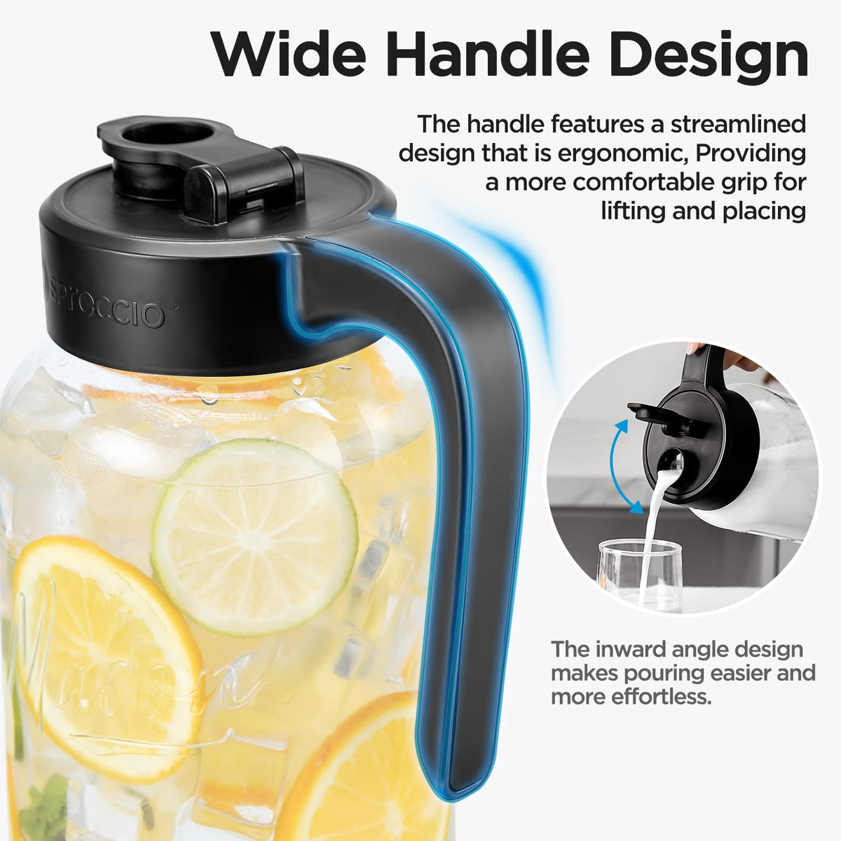 Spreccio Mason Jar Pitcher wide mouth for easy ice and infusion ingredients.