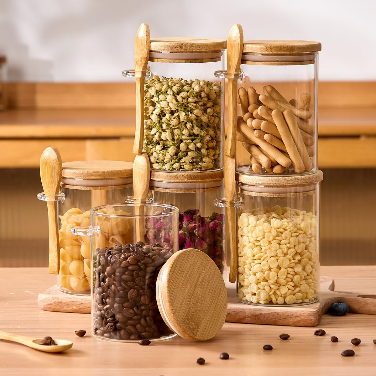Spreccio 22 oz containers organized on pantry shelves.