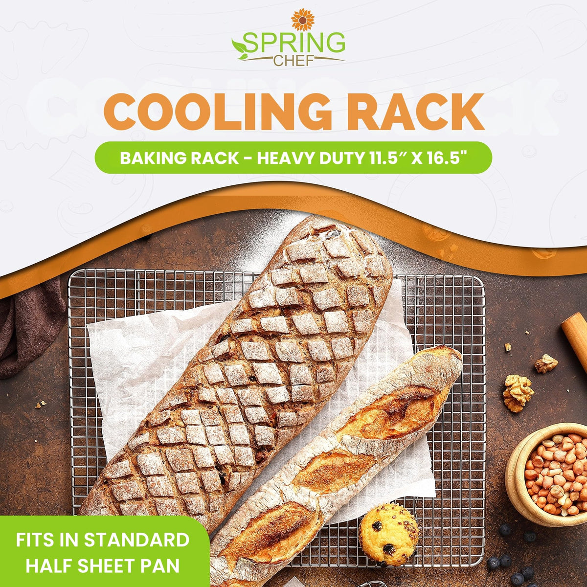 Spring Chef cooling rack on half-sheet pan demonstrates perfect fit for even browning