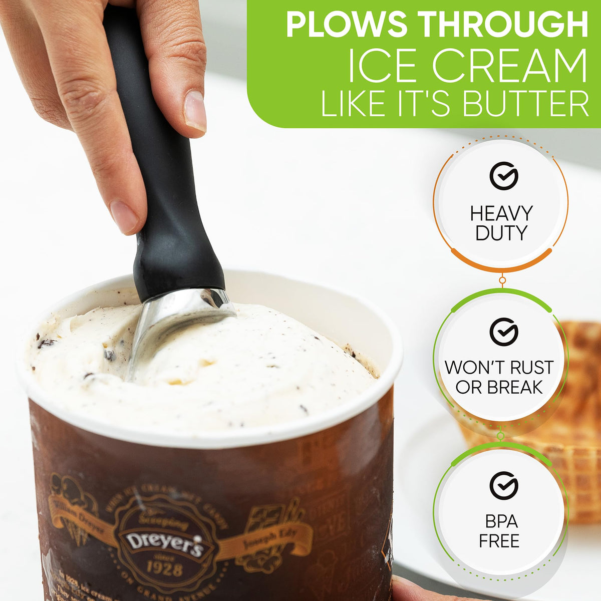 Spring Chef ergonomic handle provides comfortable grip during long scooping.