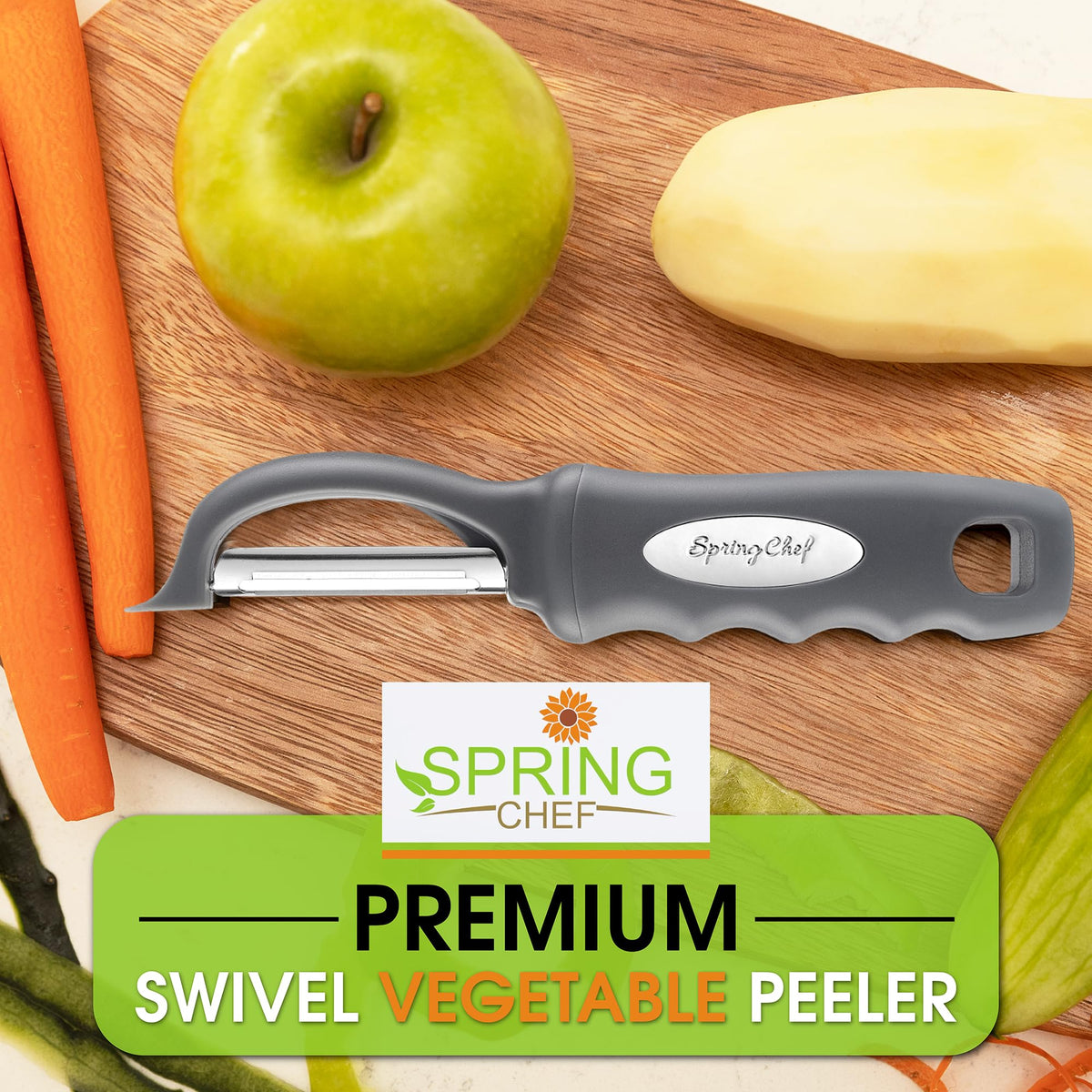 Spring Chef Premium Swivel Vegetable Peeler ergonomic design for ambidextrous use.