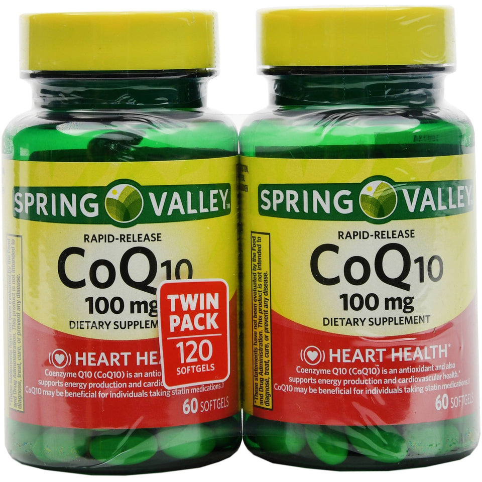 Spring Valley CoQ10 100mg softgels in bottle supporting cellular energy and antioxidants.