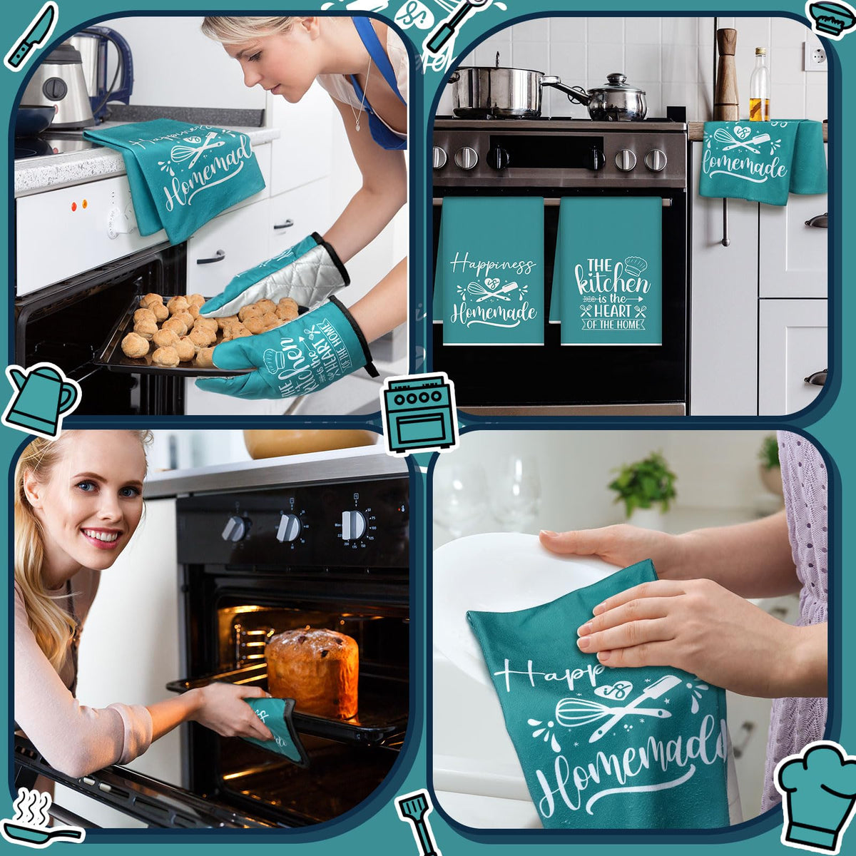 Sratte teal oven mitts provide durable heat protection with a chic look.