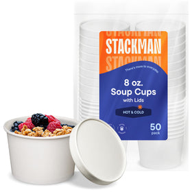 Stack Man 8oz paper container with lid for hot and cold takeout, secure spill-free handling