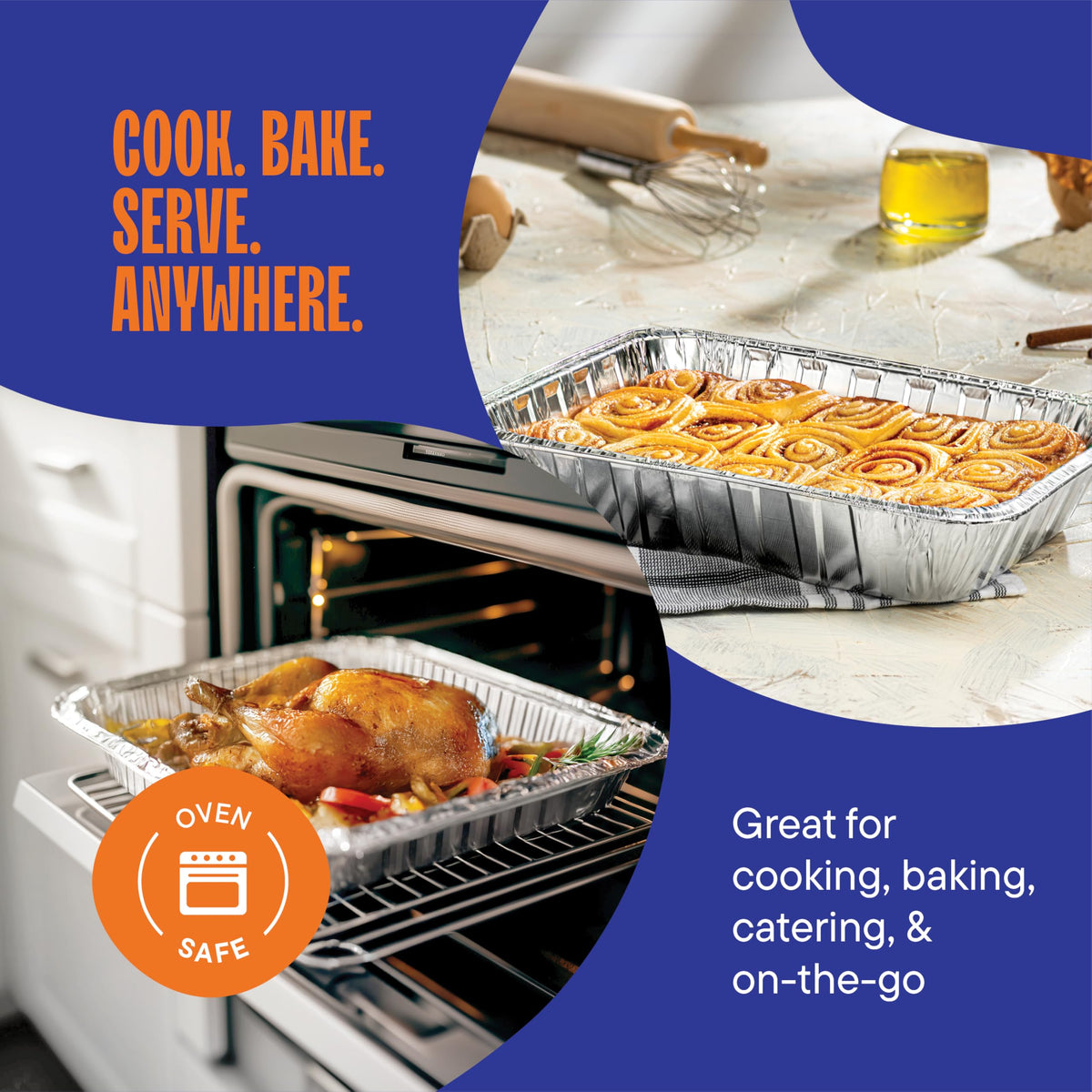 Stack Man full curl rim pans designed for easy edge coverage.