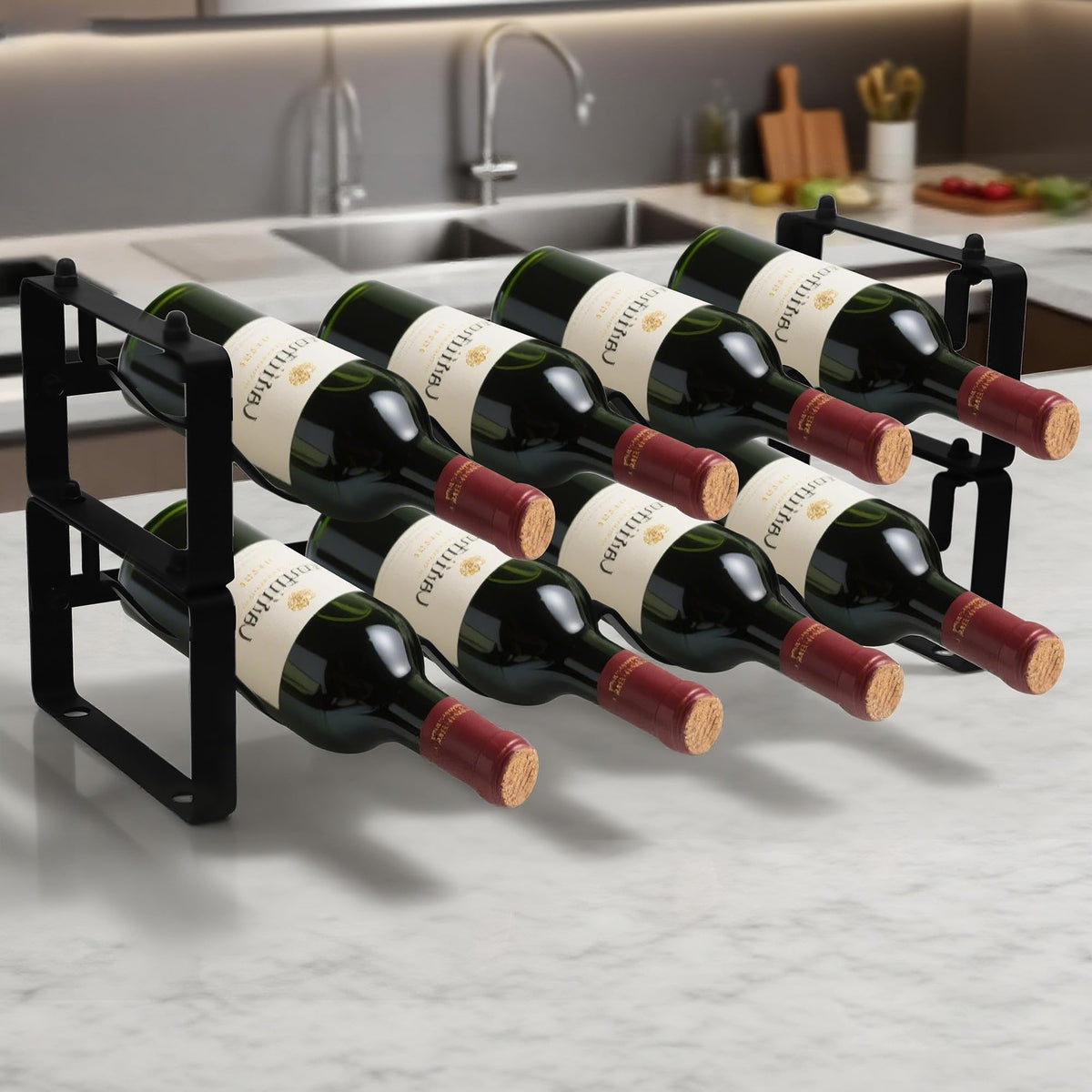 STAEVER 8-bottle rack holding bottles on a kitchen counter for quick access