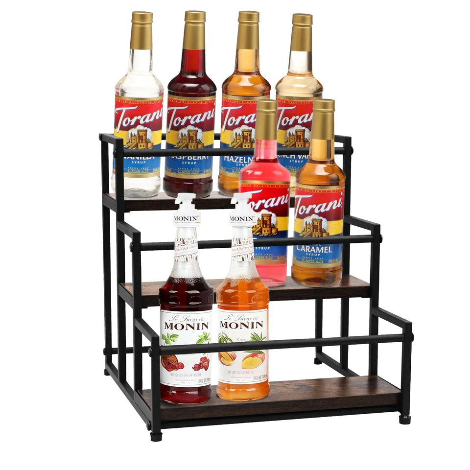 STAEVER coffee syrup rack with three tiers keeps syrups neatly organized on the counter.