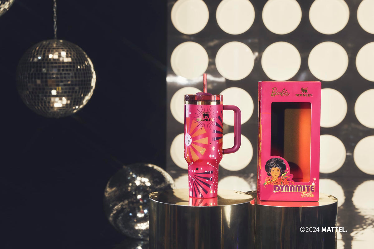 STANLEY Barbie Dynamite Quencher double-wall insulation keeps drinks cold for hours.