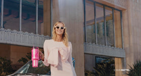 STANLEY Barbie Icon 30 Oz Quencher made from 18/8 recycled stainless steel.
