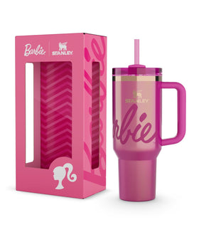 STANLEY Barbie Icon 40 oz Quencher front view shows durable stainless steel for all-day hydration.