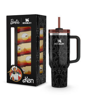 Stanley x Barbie Ken Quencher midnight bottle with bold stitch print for rugged daily hydration.