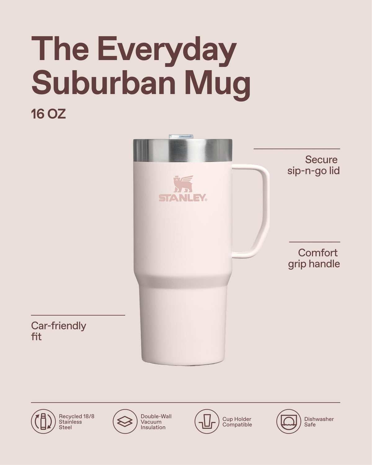 Stanley mug vacuum-insulated to keep beverages hot, cold, or iced.