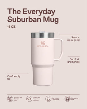 STANLEY Suburban Mug drink-thru lid close-up showing splash resistance.