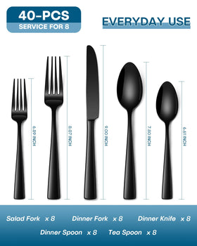 Stapava 40-Pcs black silverware set dinner forks beside a dinner plate, balanced comfort.