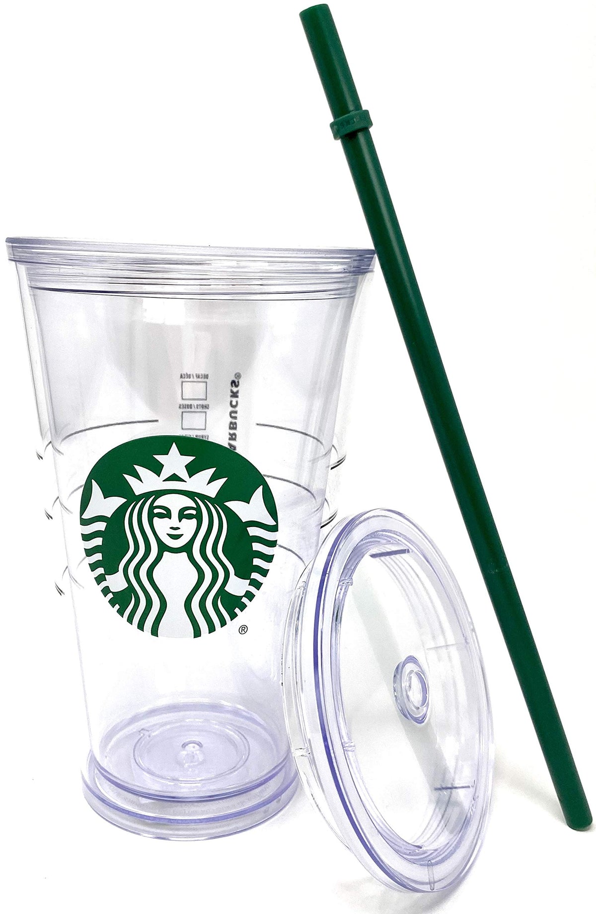 Starbucks 16oz plastic cup with green straw and logo, ideal for cold drinks.