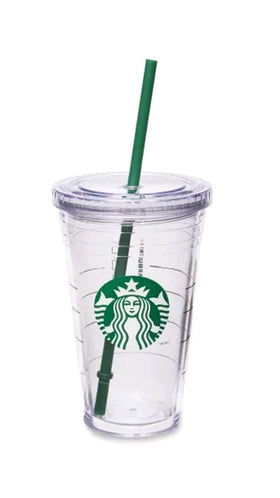 Starbucks clear acrylic tumbler set with lids and reusable straws for travel.