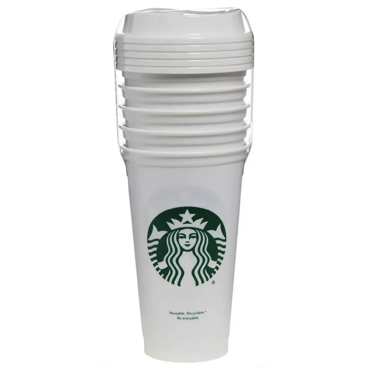 Close-up of a Starbucks reusable cup with lid for travel