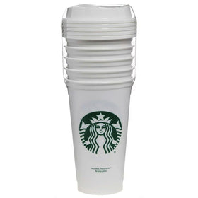 Close-up of a Starbucks reusable cup with lid for travel