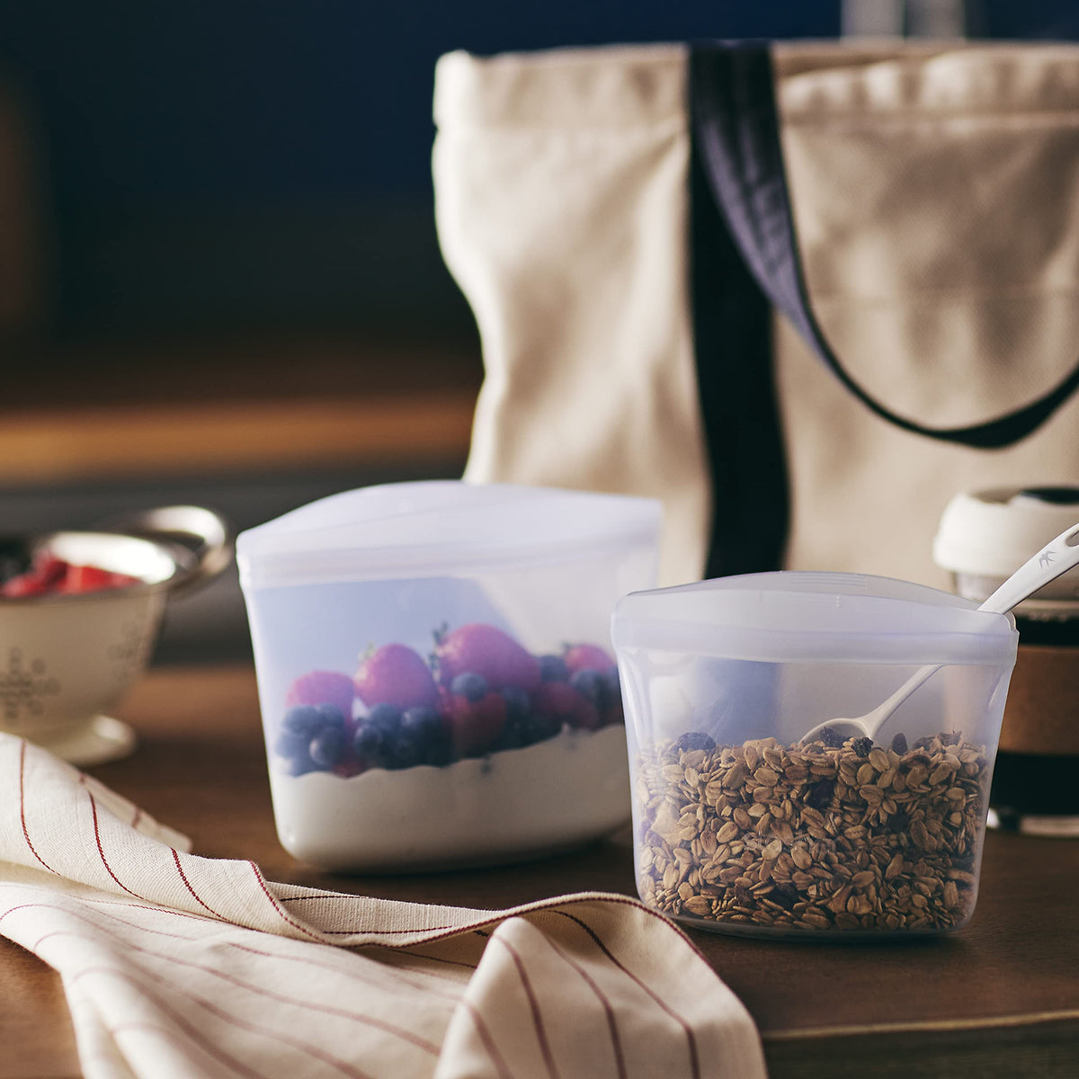 Stasher half-gallon bag open for bulk storage and leftovers.