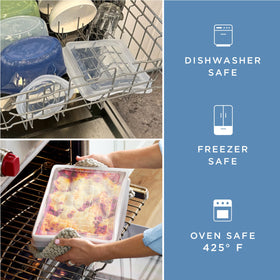 Close-up of Stasher square stretch lid with secure seal and pull tabs.