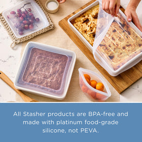 Stasher square stretch lid dishwasher-safe for convenient cleanup.