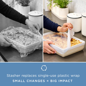 Eco-friendly Stasher lid packaging highlights reusable design and waste reduction.