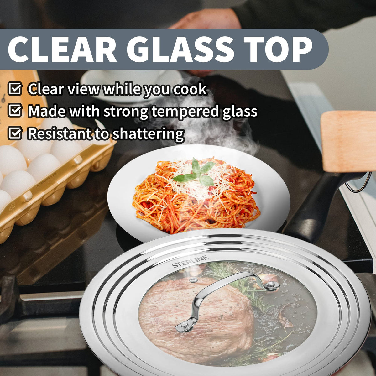 Sterline large lid stainless steel rim resists rust and corrosion.