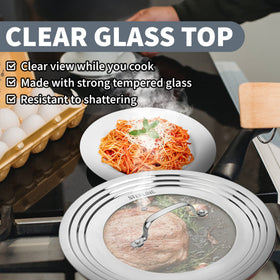 Sterline universal lid on skillet, clear glass top for visible cooking progress.