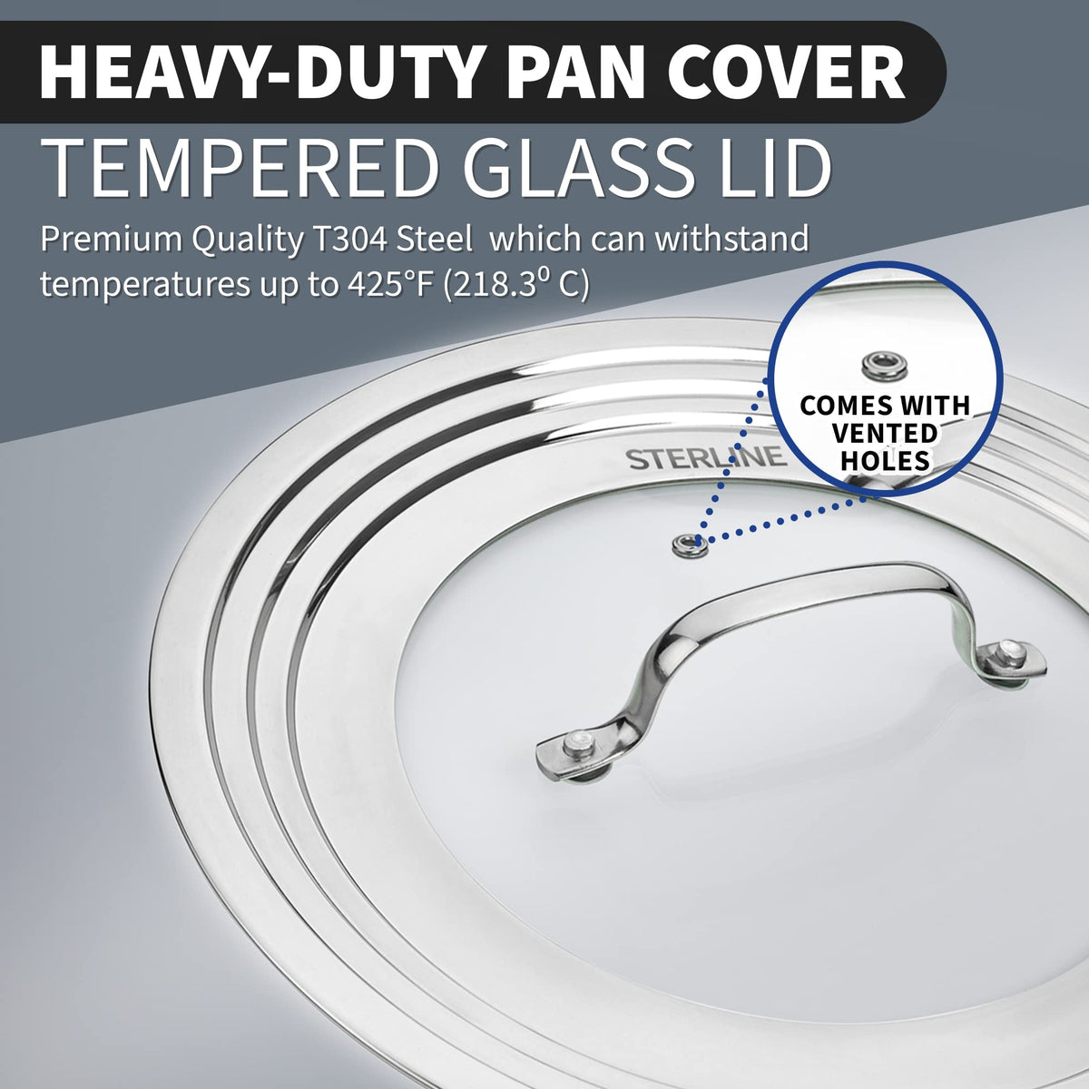 Sterline lid handle close-up shows ergonomic grip for easy lifting.