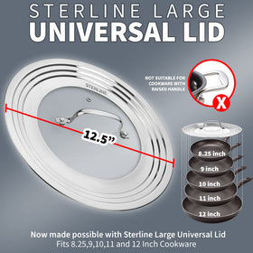 Sterline universal lid on large pot with vented steam for safe simmering.
