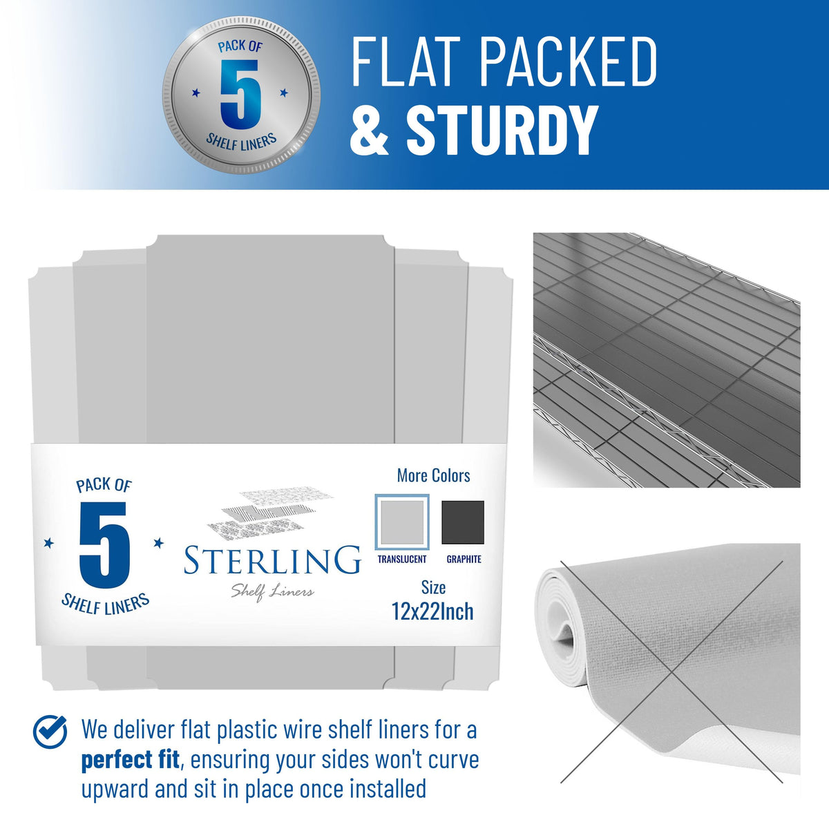 Sterling Shelf Liners in a clear frosted design, waterproof and easy to wipe clean.
