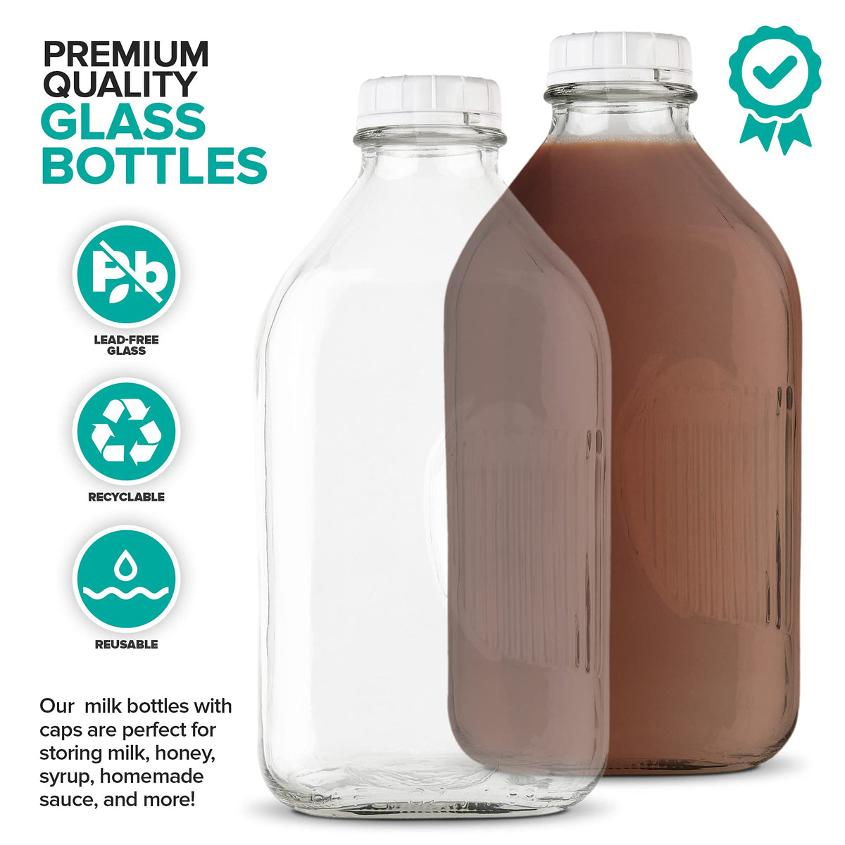 Stock Your Home clear glass milk bottle front view for reusable kitchen storage.