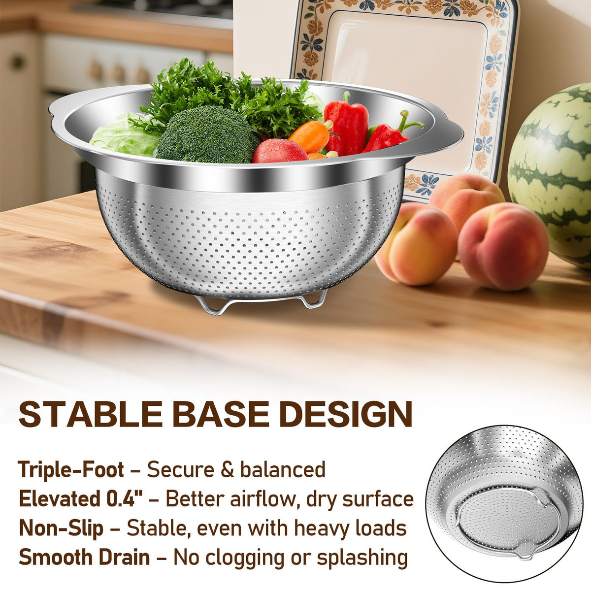 STOCKPOT 3QT colander ideal for larger batches of berries or vegetables.