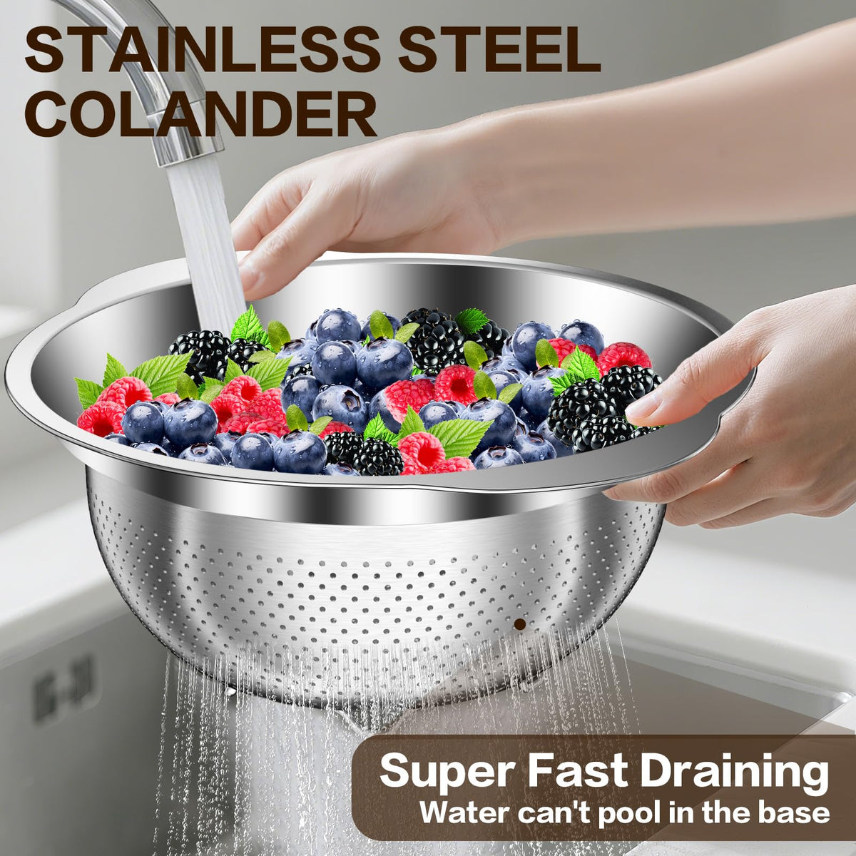 STOCKPOT quick-drain holes speed up rinsing and draining tasks.