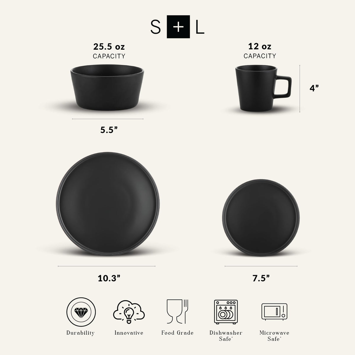 Celina dinner plate in black matte enhances table presence and effortless stacking