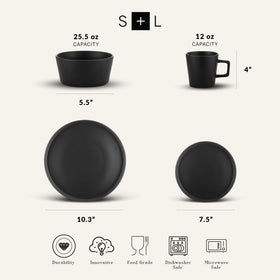 Celina dinner plate in black matte enhances table presence and effortless stacking