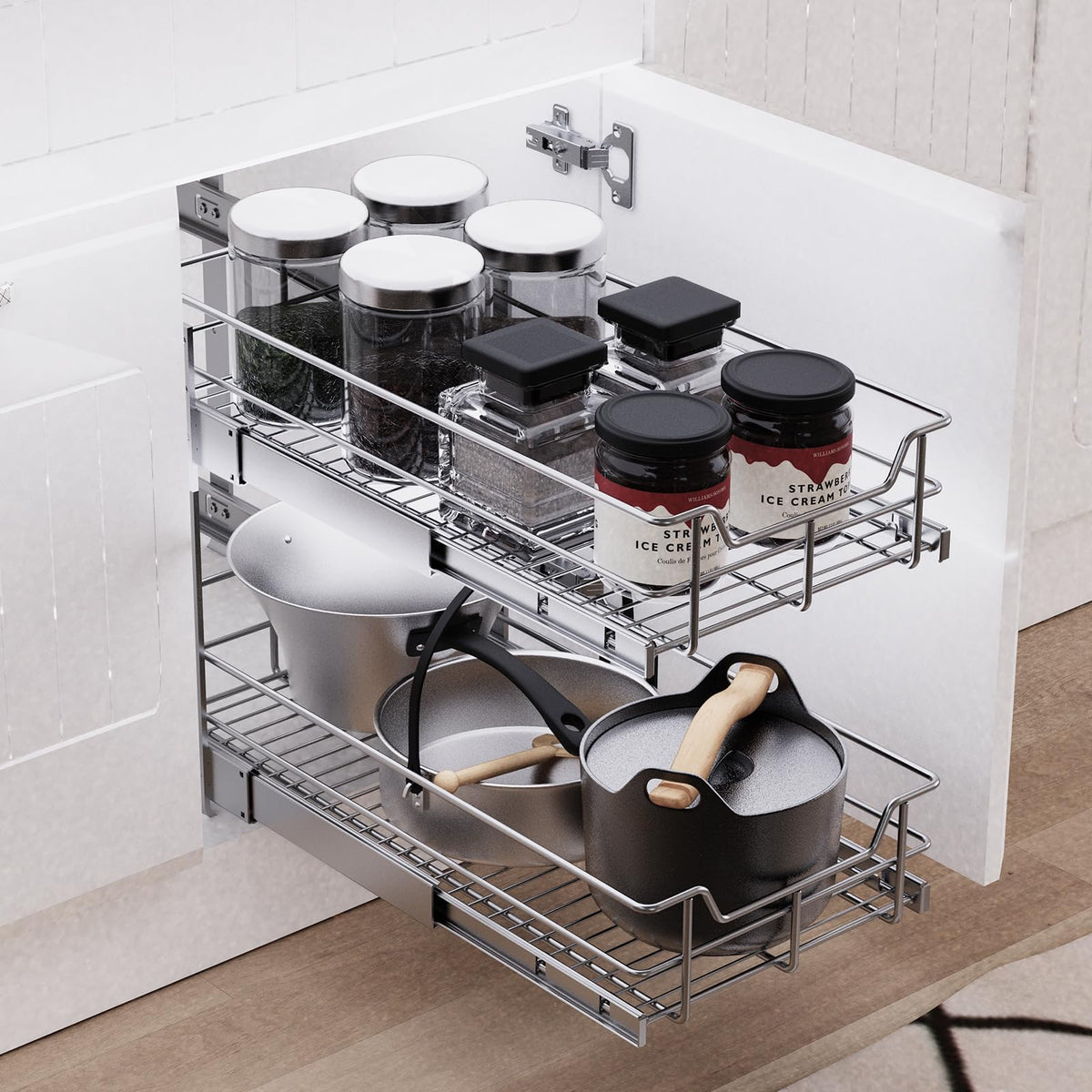 STORKING versatile storage for pots, pans, and small appliances.
